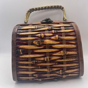 Wooden Box Purse Bamboo Style Hinged Handbag Retro VTG Tiki Rockabilly Pin Up
